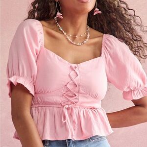 NWT Marisa Lace Up Front Short Sleeve Pink Blouse Top